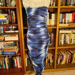 intermix Josephine blue white and black strapless silk ruched dress size m nwt